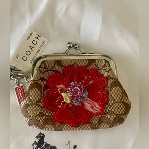 RARE Coach Poppy Signature Coin Purse with Red Floral Accent “LIMITED EDITION”